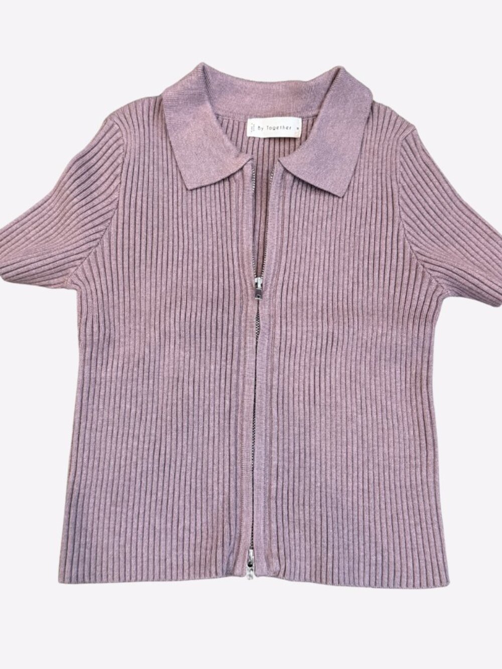 By Together Knit Collared Full Zip Short Sleeve Blouse Brown/Mauve Womens Size M